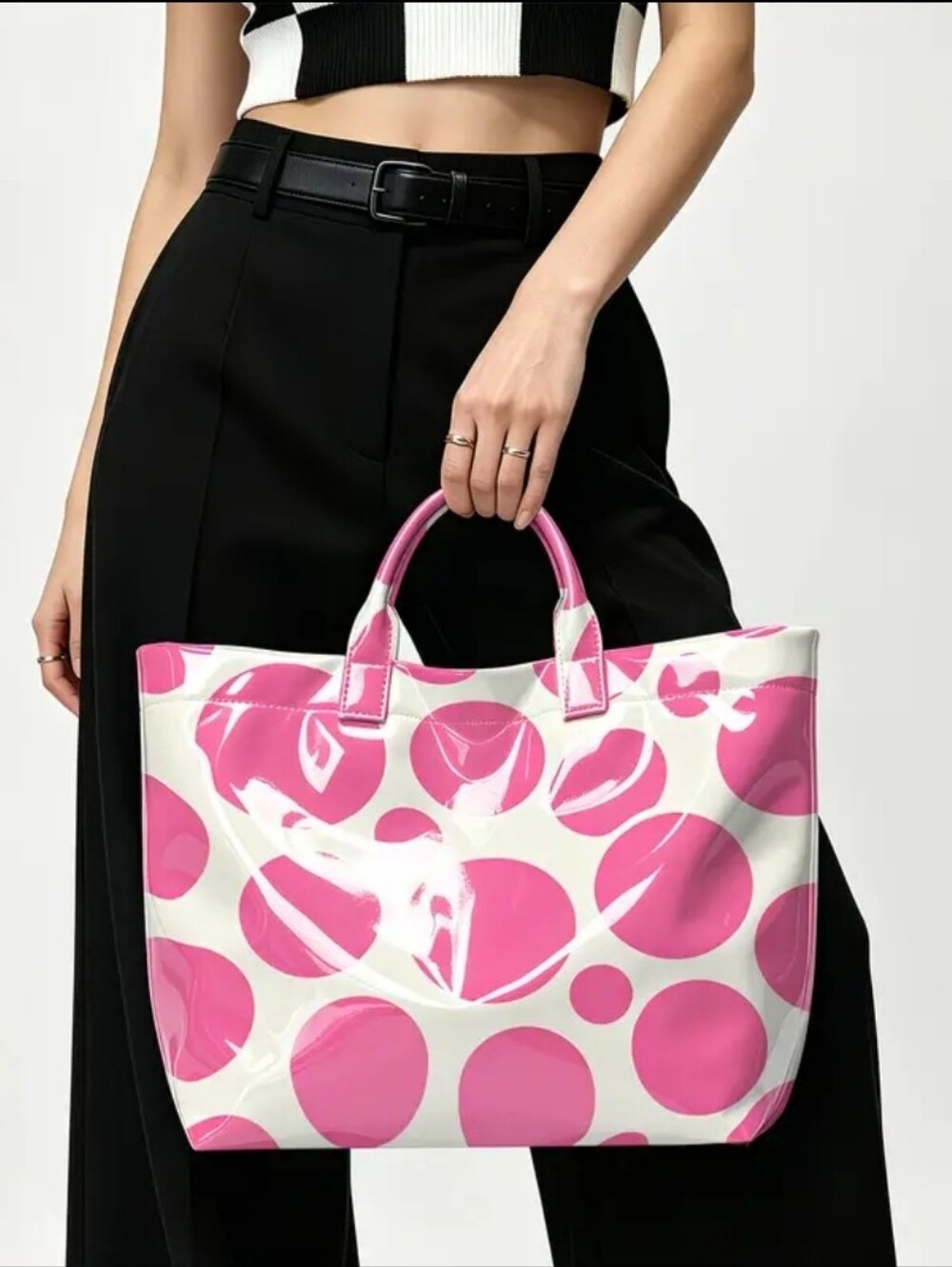 Women Rose Red Daily Commute Polka Dot Tote Hand Bag PVC
